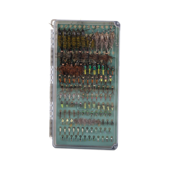 Fishpond Tacky Original Fly Box closed with flies visible through the clear lid