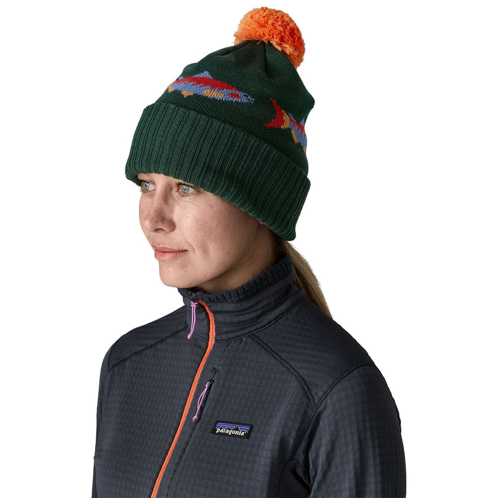 Patagonia Powder Town Beanie Salmon Energy Stripe: Old Growth Green Image 02