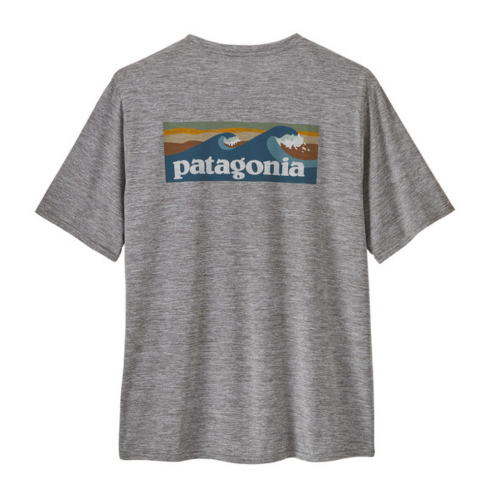 Patagonia Men's Capilene Cool Daily Graphic Shirt - Waters - Boardshort Logo Abalone Blue: Feather Grey