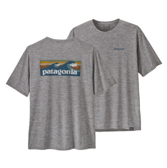Patagonia Men's Capilene Cool Daily Graphic Shirt - Waters - Boardshort Logo Abalone Blue: Feather Grey