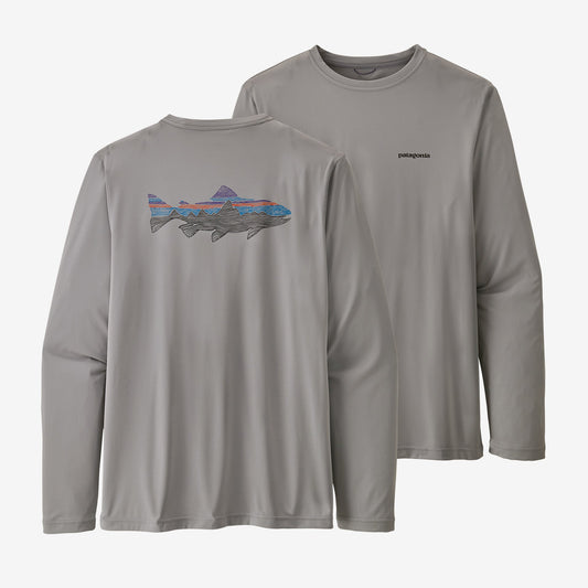 Patagonia Men's Long-Sleeved Capilene® Cool Daily Fish Graphic Shirt - Woodgrain Fitz Roy Trout: Salt Grey