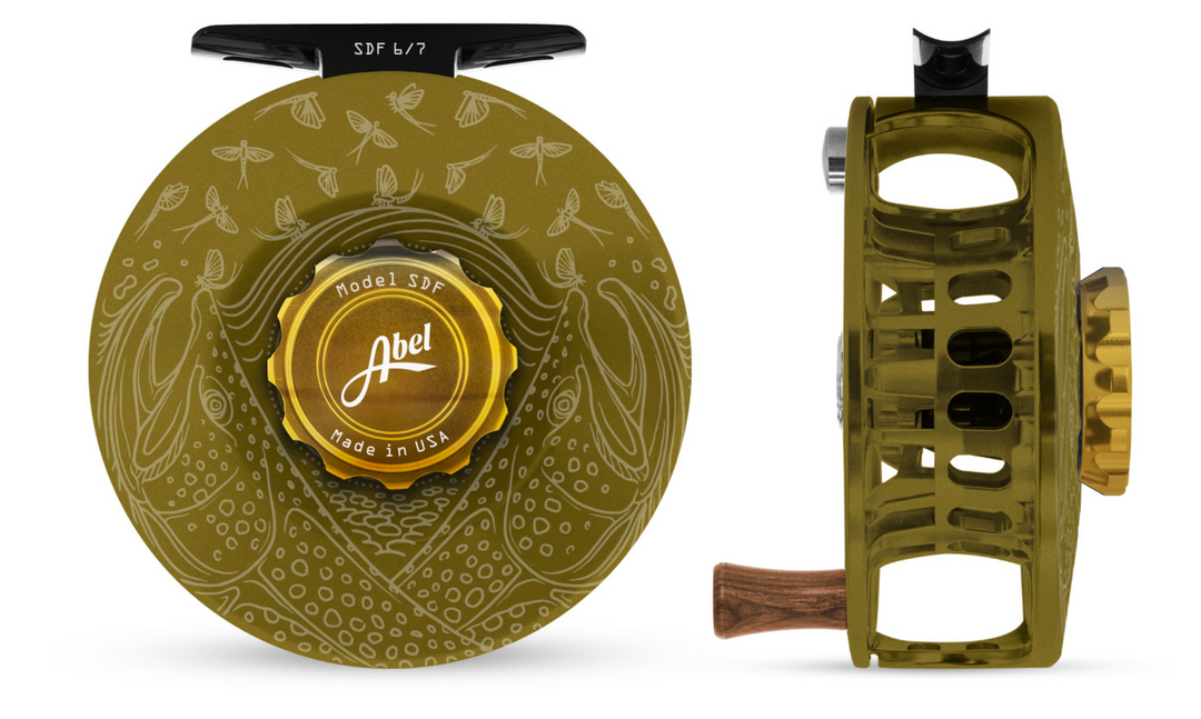 Abel SDF Fly Reel Solid-Satin Olive-Wild Trout-Under Mayfly 6/7WT w/ Walnut Hand