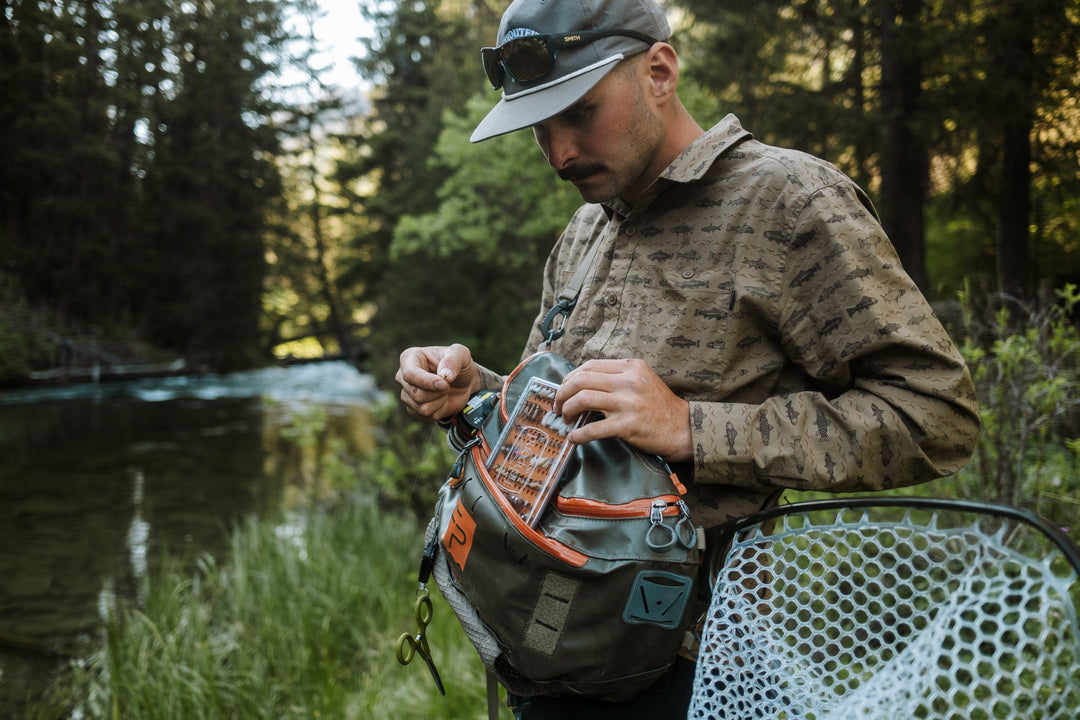 Fishpond Tacky Original Fly Box Burnt Orange loaded with flies