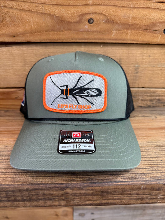 Richardson Five Panel Trucker Loden With Rope Salmonfly Eds Fly Shop Logo
