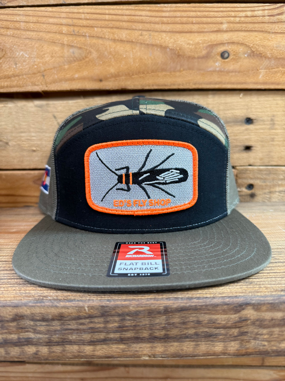 Richardson 7 Panel Trucker Tri Black/Green Camo/Loden Salmonfly Eds Fly Shop Logo