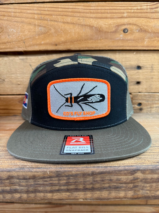Richardson 7 Panel Trucker Tri Black/Green Camo/Loden Salmonfly Eds Fly Shop Logo