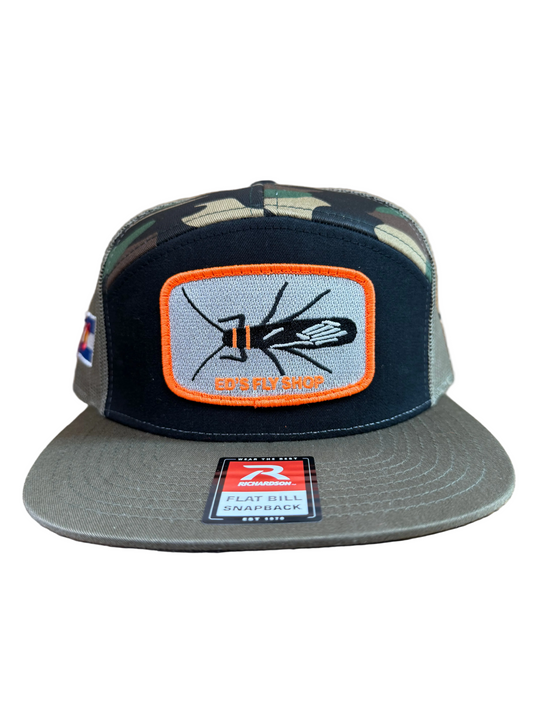 Richardson 7 Panel Trucker Tri Black/Green Camo/Loden Salmonfly Eds Fly Shop Logo