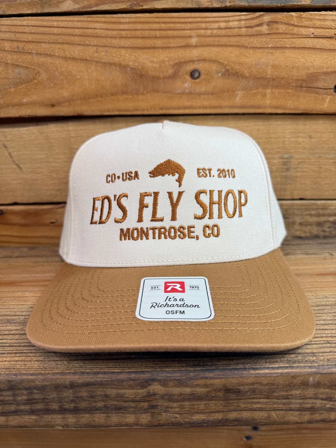 Richardson Full Fabric 5 Panel Cream/Caramel New Eds Fly Shop Logo