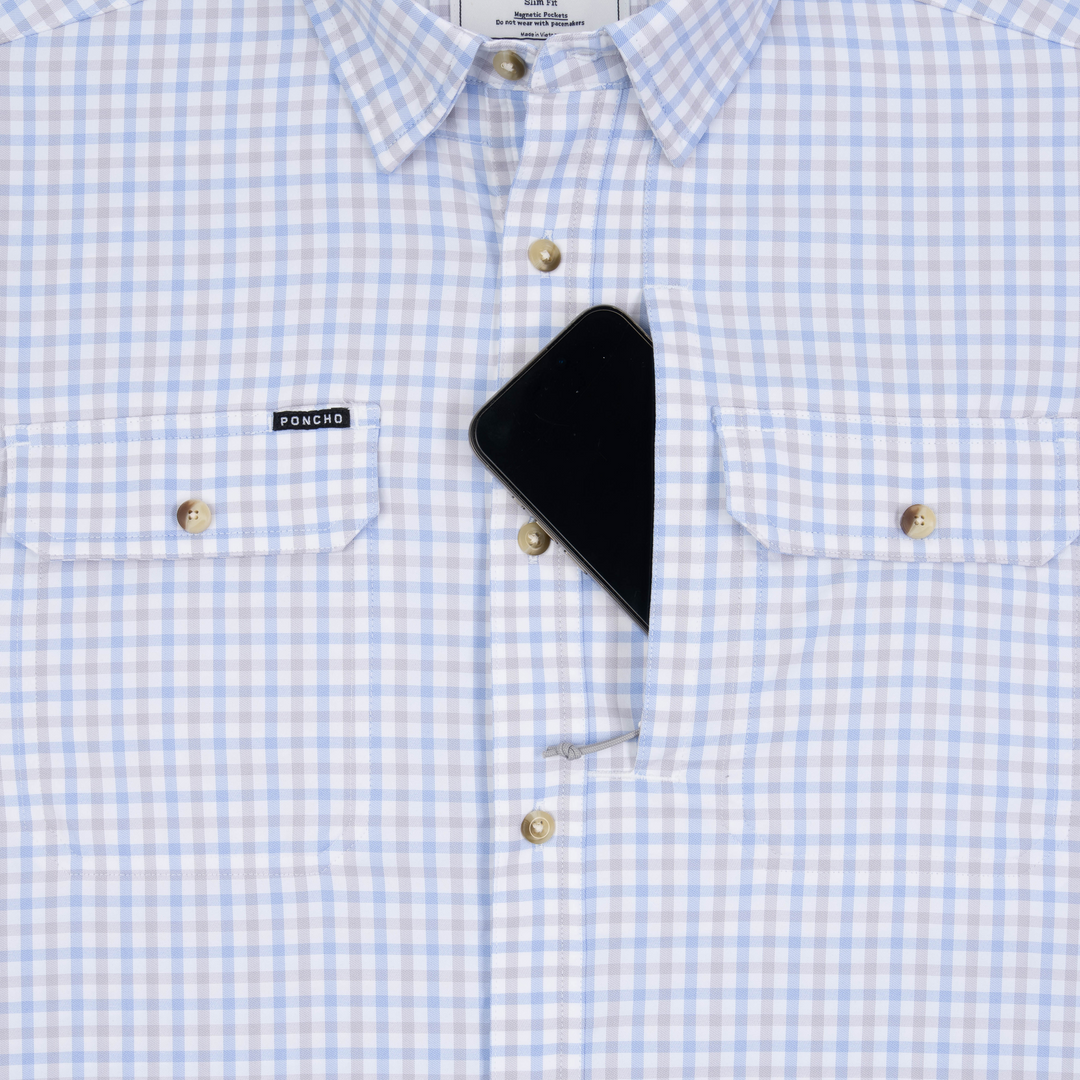 Poncho Outdoors The Channel Cat Men's Short Sleeve Shirt - Blue and Grey Plaid