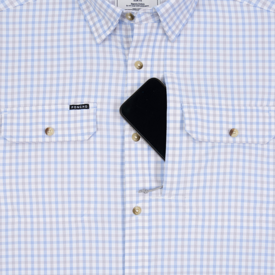 Poncho Outdoors The Channel Cat Men's Short Sleeve Shirt - Blue and Grey Plaid