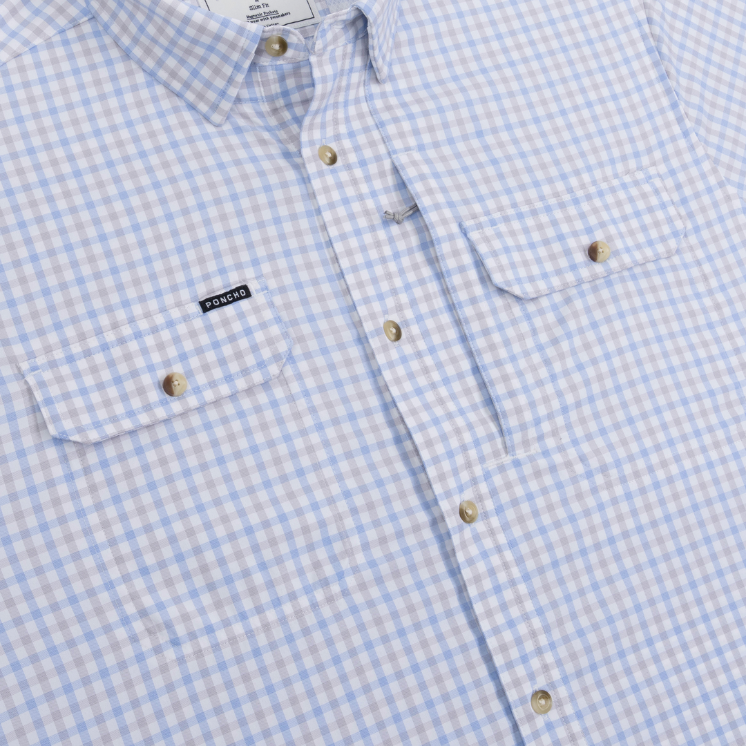 Poncho Outdoors The Channel Cat Men's Short Sleeve Shirt - Blue and Grey Plaid