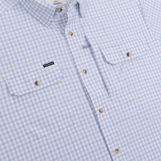 Poncho Outdoors The Channel Cat Men's Short Sleeve Shirt - Blue and Grey Plaid