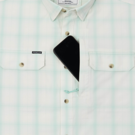 Poncho Outdoors The Tarpon Sands Men's Long Sleeve Shirt - Teal and Tan Plaid