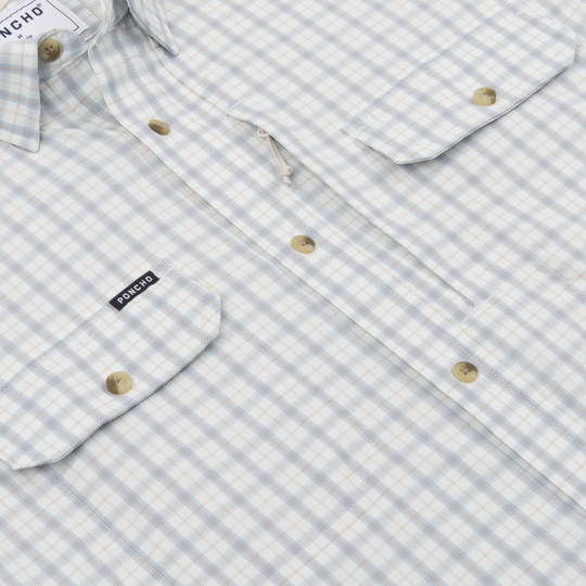 Poncho Outdoors The Lamar Valley Men's Short Sleeve Shirt - Light Blue and Red Clay Plaid