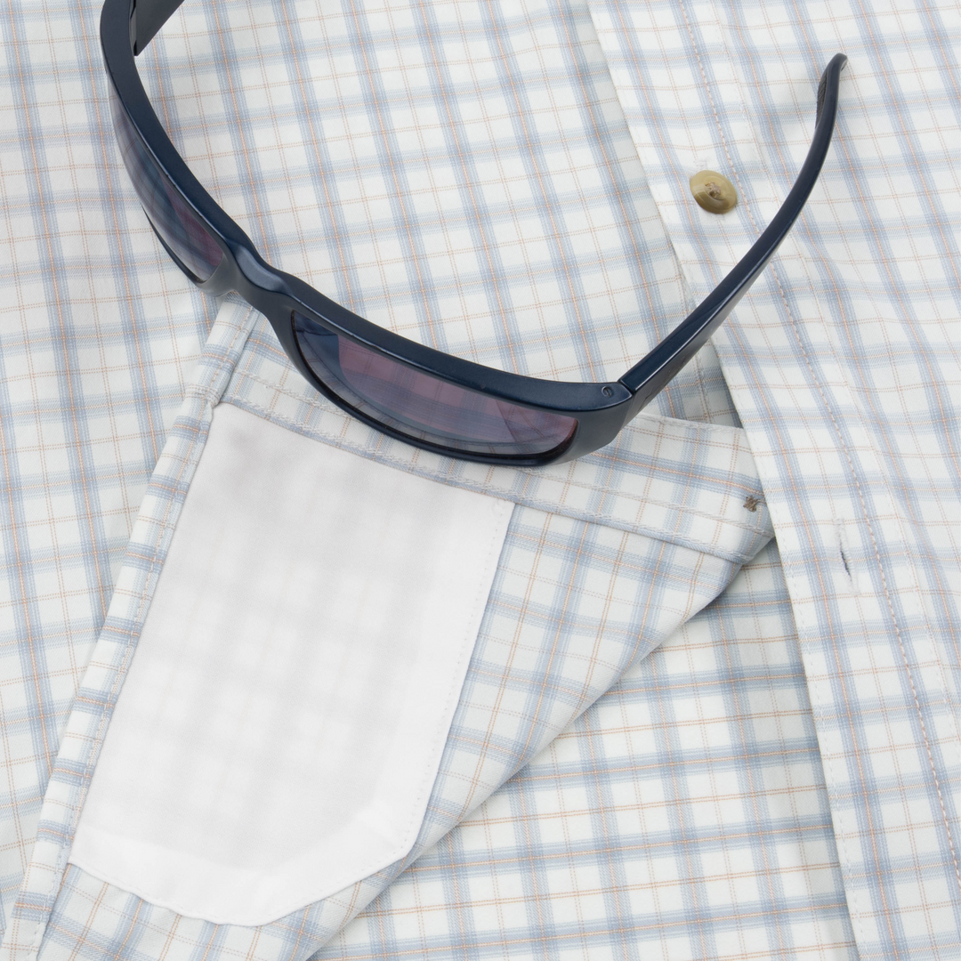Poncho Outdoors The Lamar Valley Men's Short Sleeve Shirt - Light Blue and Red Clay Plaid