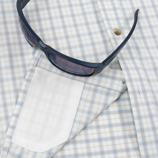 Poncho Outdoors The Lamar Valley Men's Short Sleeve Shirt - Light Blue and Red Clay Plaid