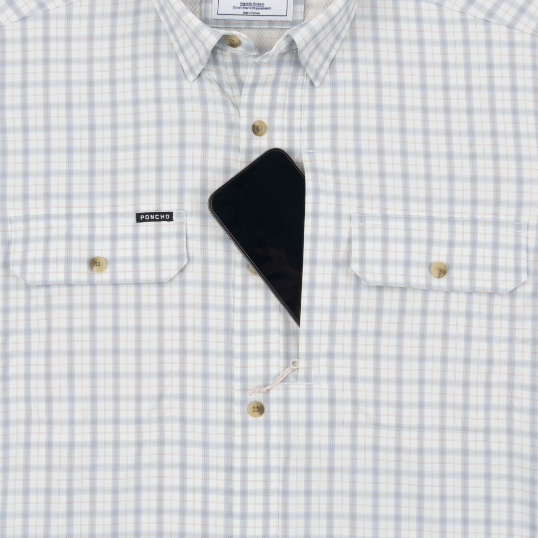 Poncho Outdoors The Lamar Valley Men's Short Sleeve Shirt - Light Blue and Red Clay Plaid