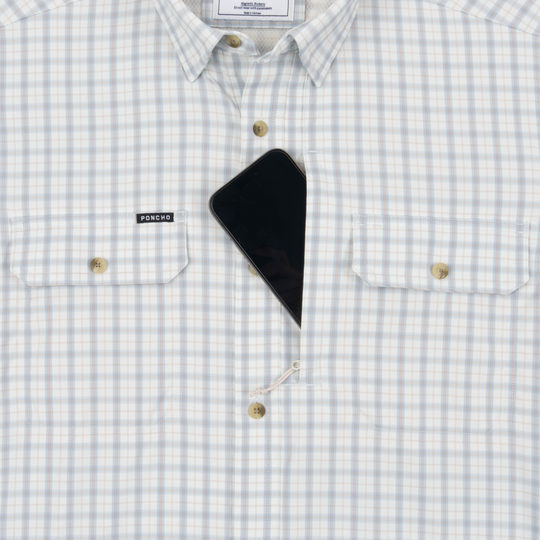 Poncho Outdoors The Lamar Valley Men's Short Sleeve Shirt - Light Blue and Red Clay Plaid