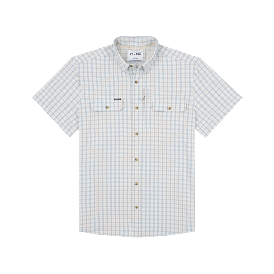 Poncho Outdoors The Lamar Valley Men's Short Sleeve Shirt - Light Blue and Red Clay Plaid