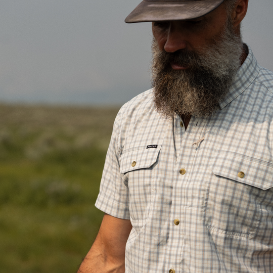 Poncho Outdoors The Lamar Valley Men's Short Sleeve Shirt - Light Blue and Red Clay Plaid
