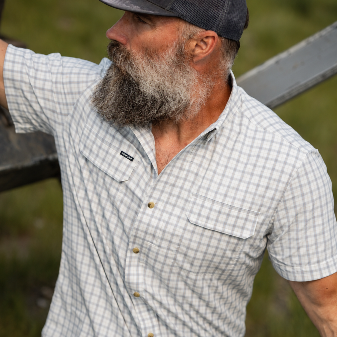 Poncho Outdoors The Lamar Valley Men's Short Sleeve Shirt - Light Blue and Red Clay Plaid