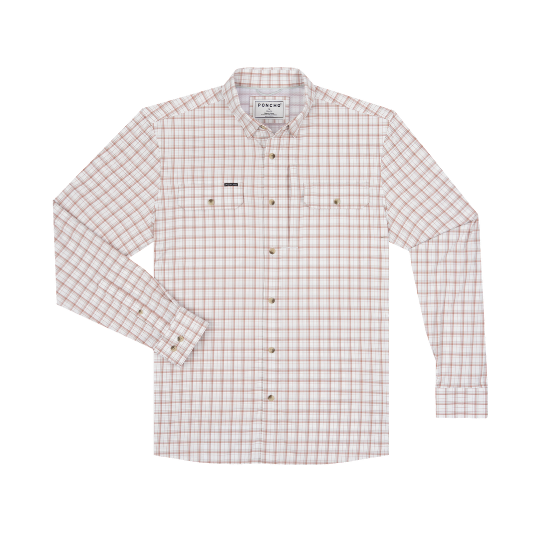 Poncho Outdoors The Long Nose Pete Men's Long Sleeve Shirt - Maroon Aqua White Plaid