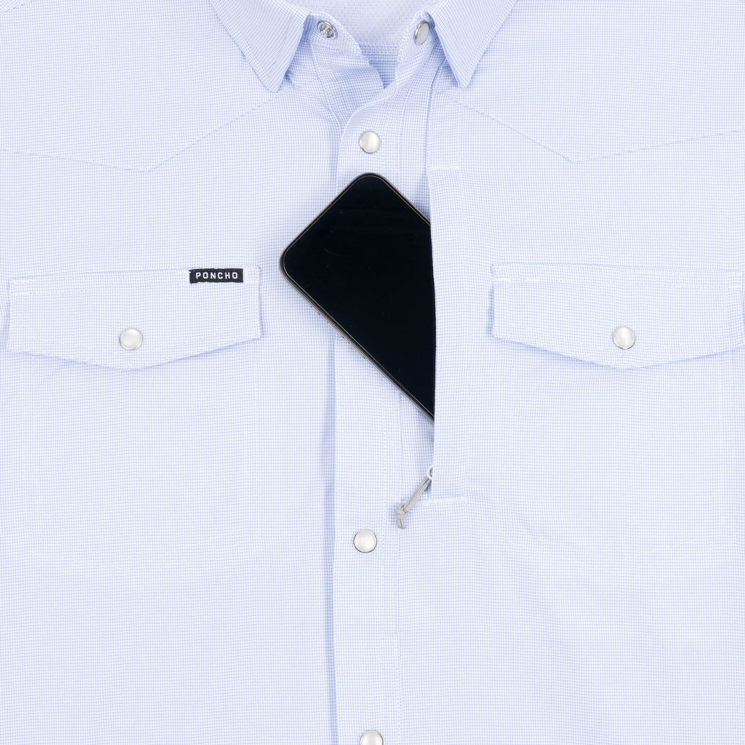 Poncho Outdoors The Nueces Men's Long Sleeve Shirt - Blue Microcheck