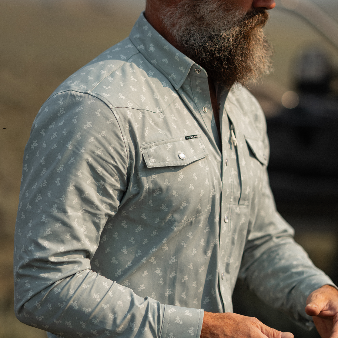 Poncho Outdoors The St. Helens Men's Long Sleeve Shirt - Blue Yellowstone Flower Print