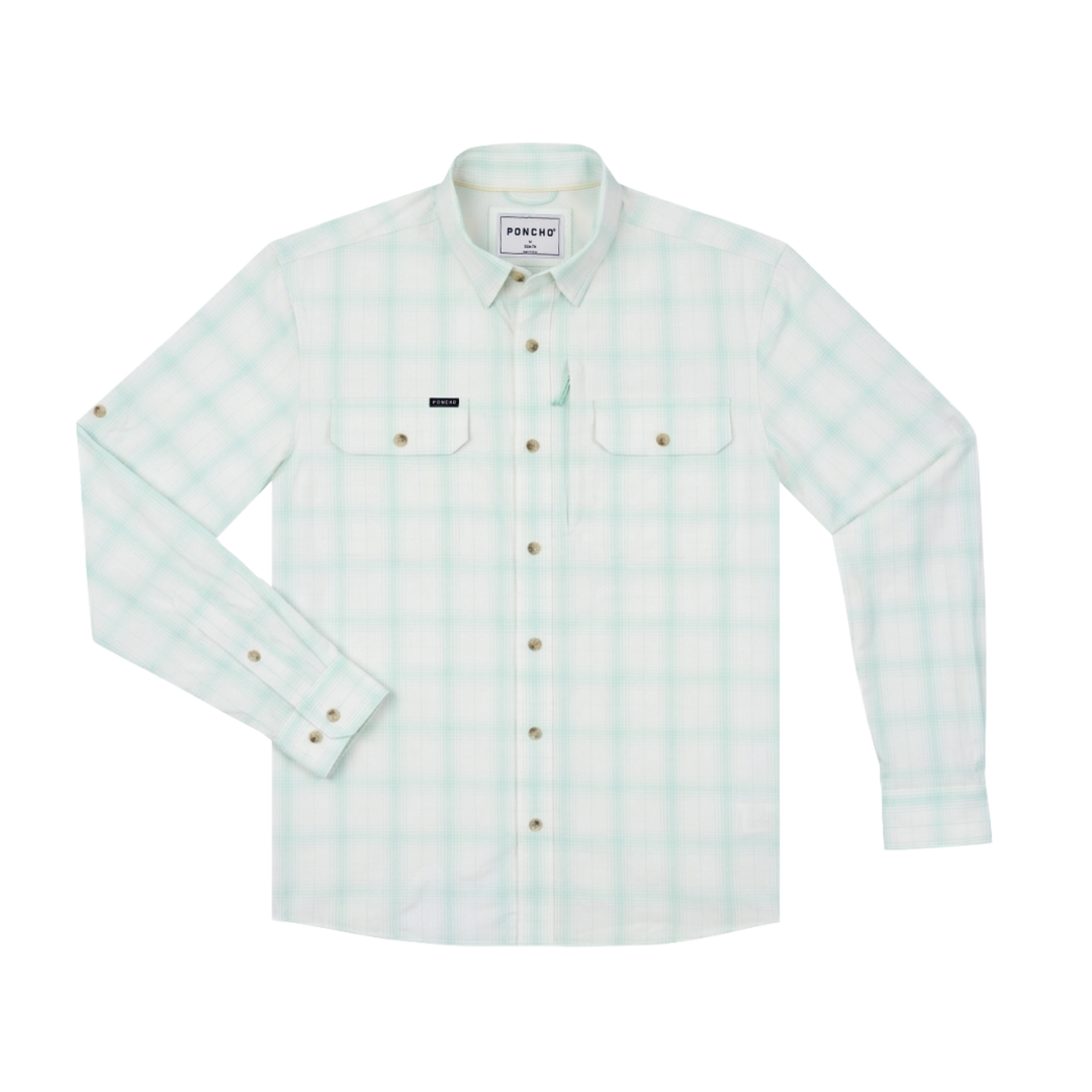 Poncho Outdoors The Tarpon Sands Men's Long Sleeve Shirt - Teal and Tan Plaid