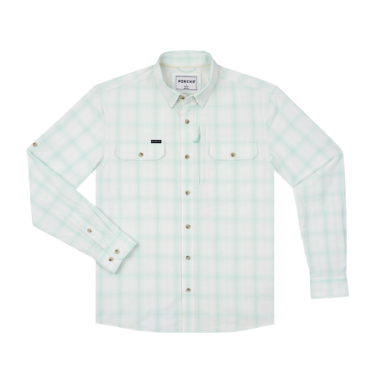 Poncho Outdoors The Tarpon Sands Men's Long Sleeve Shirt - Teal and Tan Plaid