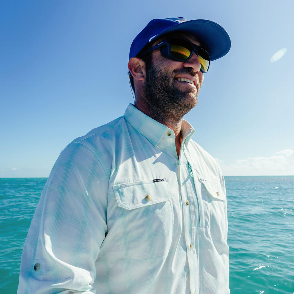 Poncho Outdoors The Tarpon Sands Men's Long Sleeve Shirt - Teal and Tan Plaid
