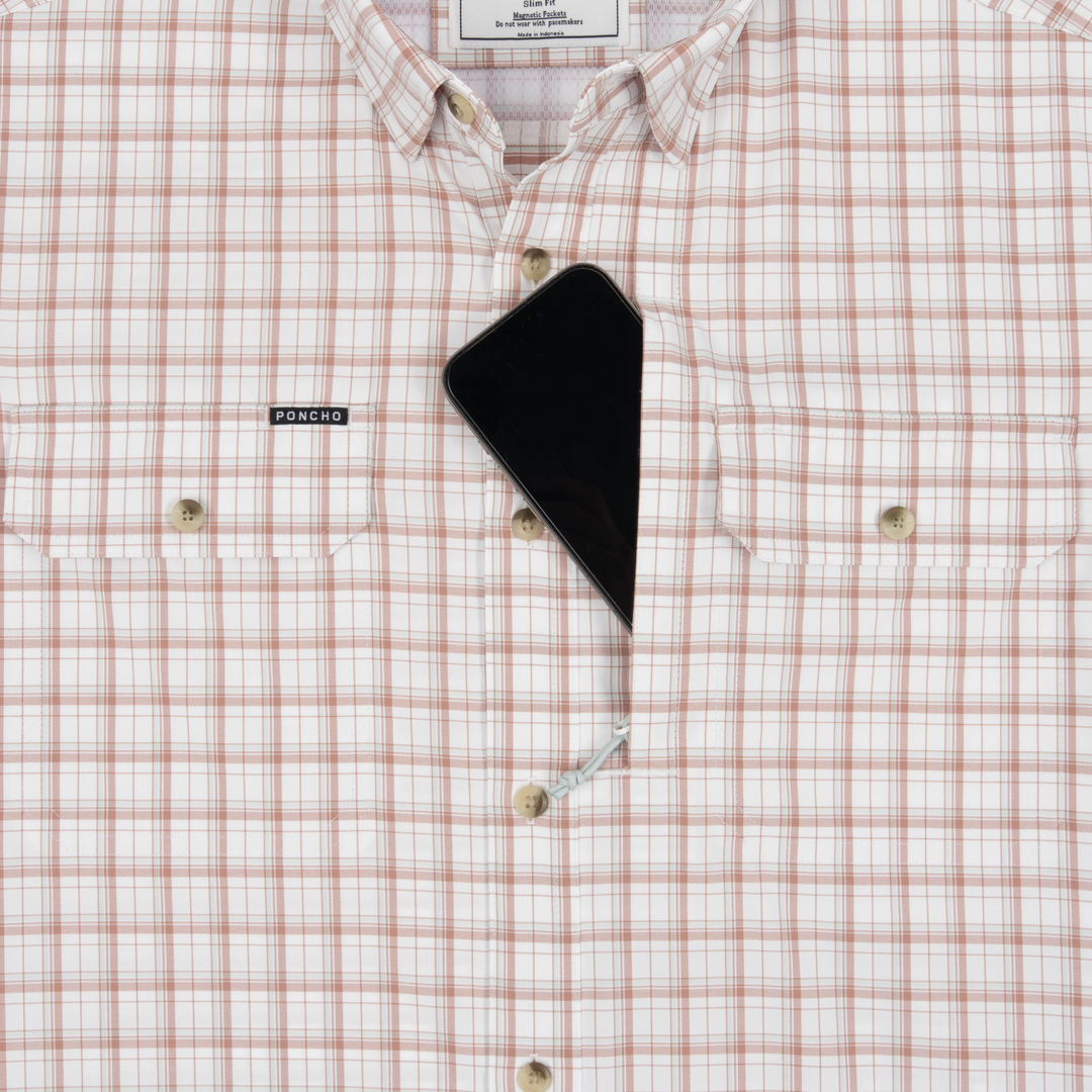 Poncho Outdoors The Long Nose Pete Men's Long Sleeve Shirt - Maroon Aqua White Plaid