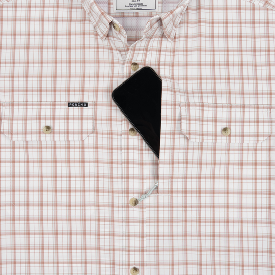 Poncho Outdoors The Long Nose Pete Men's Long Sleeve Shirt - Maroon Aqua White Plaid