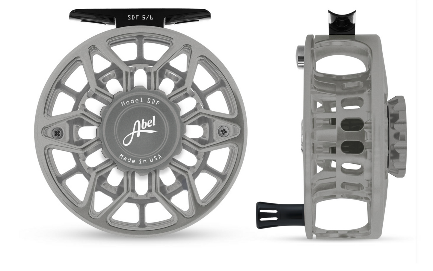 Abel SDF Fly Reel Ported - Satin Platinum - Satin Plat Knob 5/6 WT w/ Black Hand