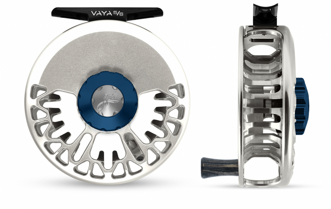 Abel Vaya Fly Reel - Platinum - Deep Blue Knob - 5/6 WT with Ebony Handle