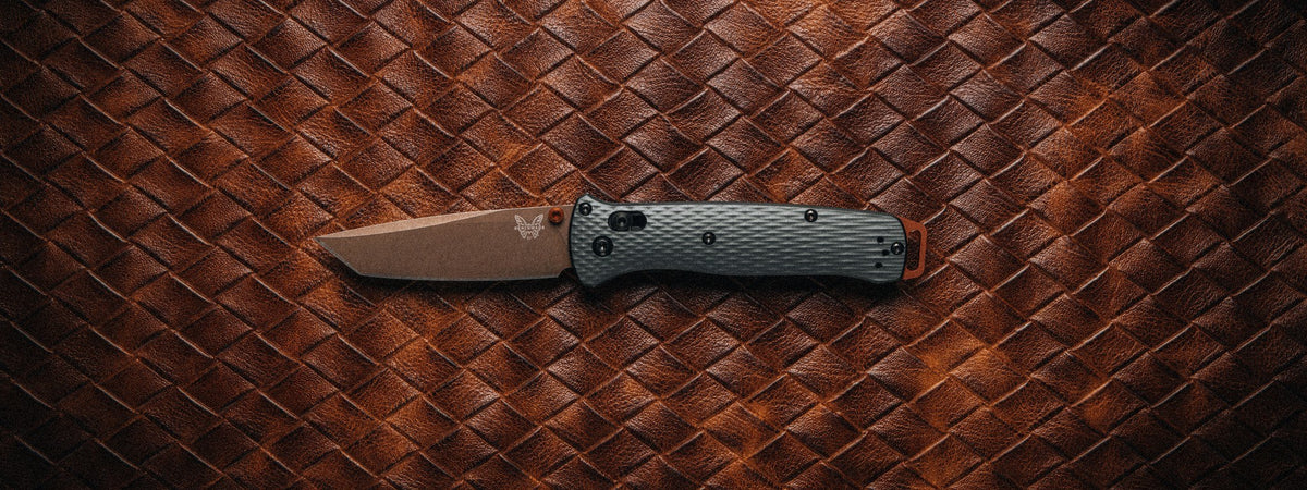 Benchmade Bugout knife on woven leather