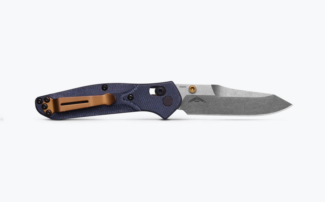 Benchmade 945-04 Mini Osborne denim micarta, open back with clip