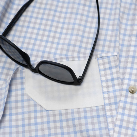 Poncho Outdoors The Channel Cat Men's Short Sleeve Shirt - Blue and Grey Plaid
