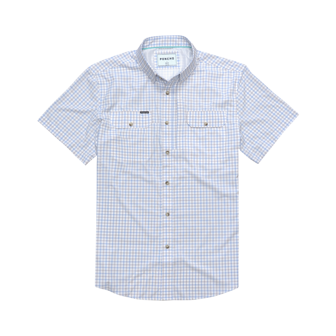 Poncho Outdoors The Channel Cat Men's Short Sleeve Shirt - Blue and Grey Plaid