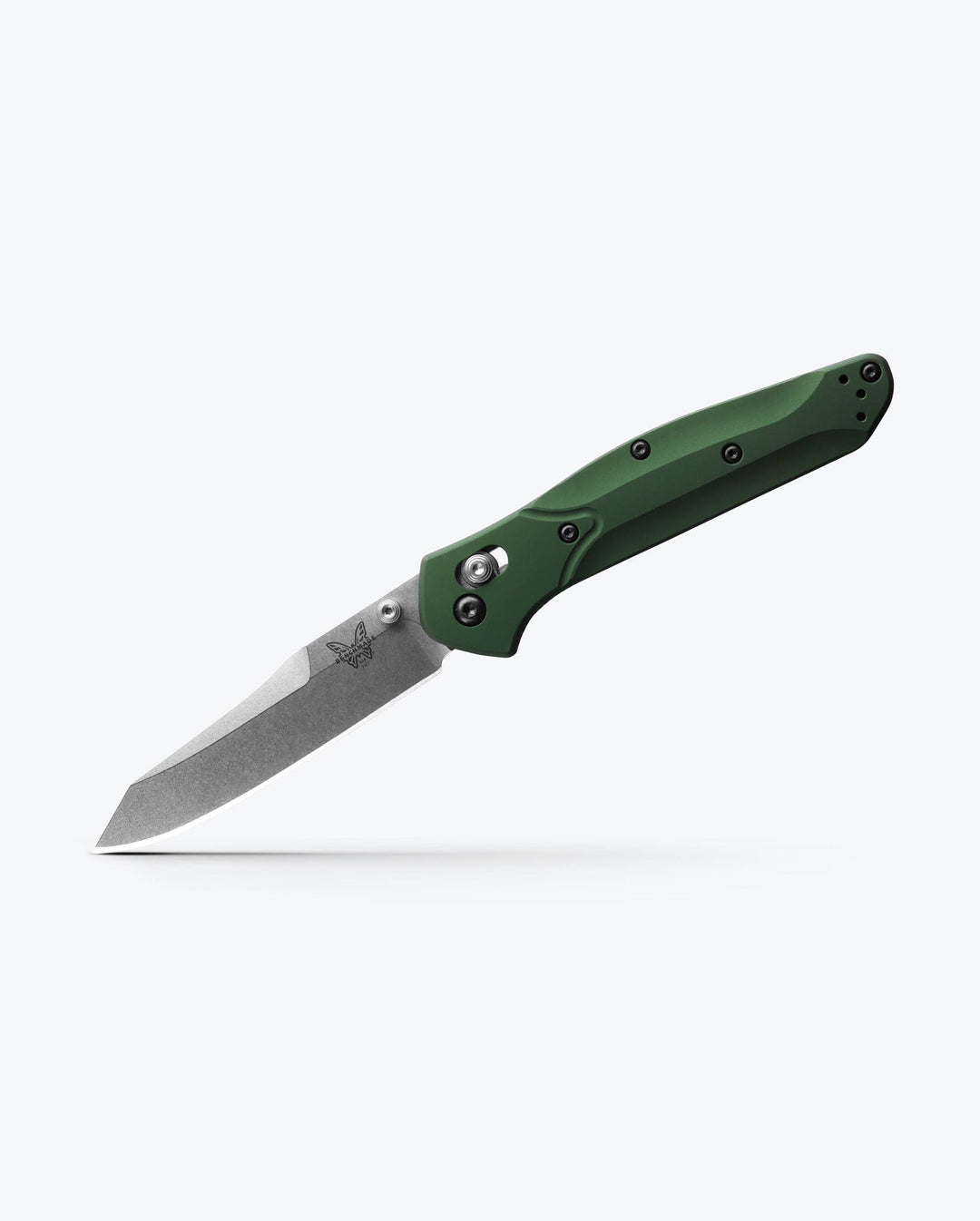 Benchmade 940 Osborne green aluminum, open side angle