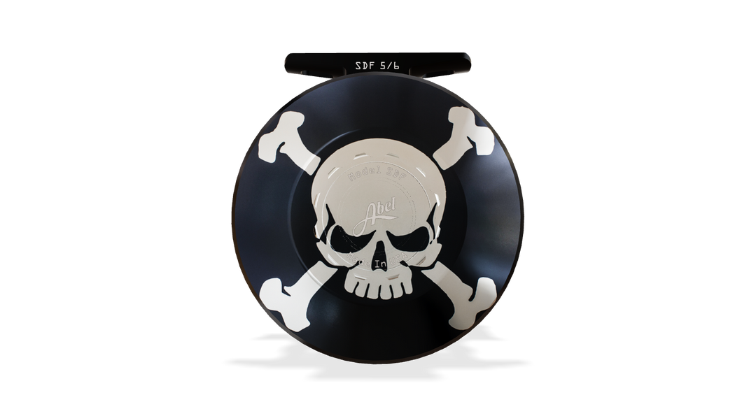 Abel SDF Fly Reel Solid - Skull and Crossbones - Skull and Crossbones Knob 5/6 WT with Aluminum Black Handle