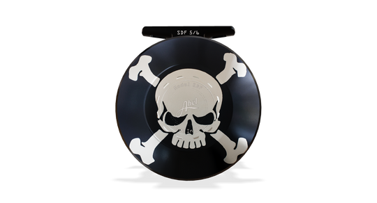 Abel SDF Fly Reel Solid - Skull and Crossbones - Skull and Crossbones Knob 5/6 WT with Aluminum Black Handle