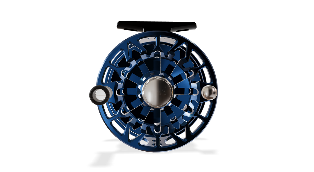 Abel SDF Fly Reel Solid Deep Blue - Deep Blue Drag Knob 5/6 WT - Underwood Ridge Risers - Ebony Handle