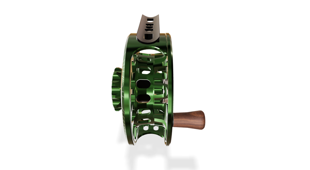 Abel SDF Fly Reel Solid Deep Green - Deep Green Drag Knob 5/6 WT - Underwood Ridge Risers - Walnut Handle
