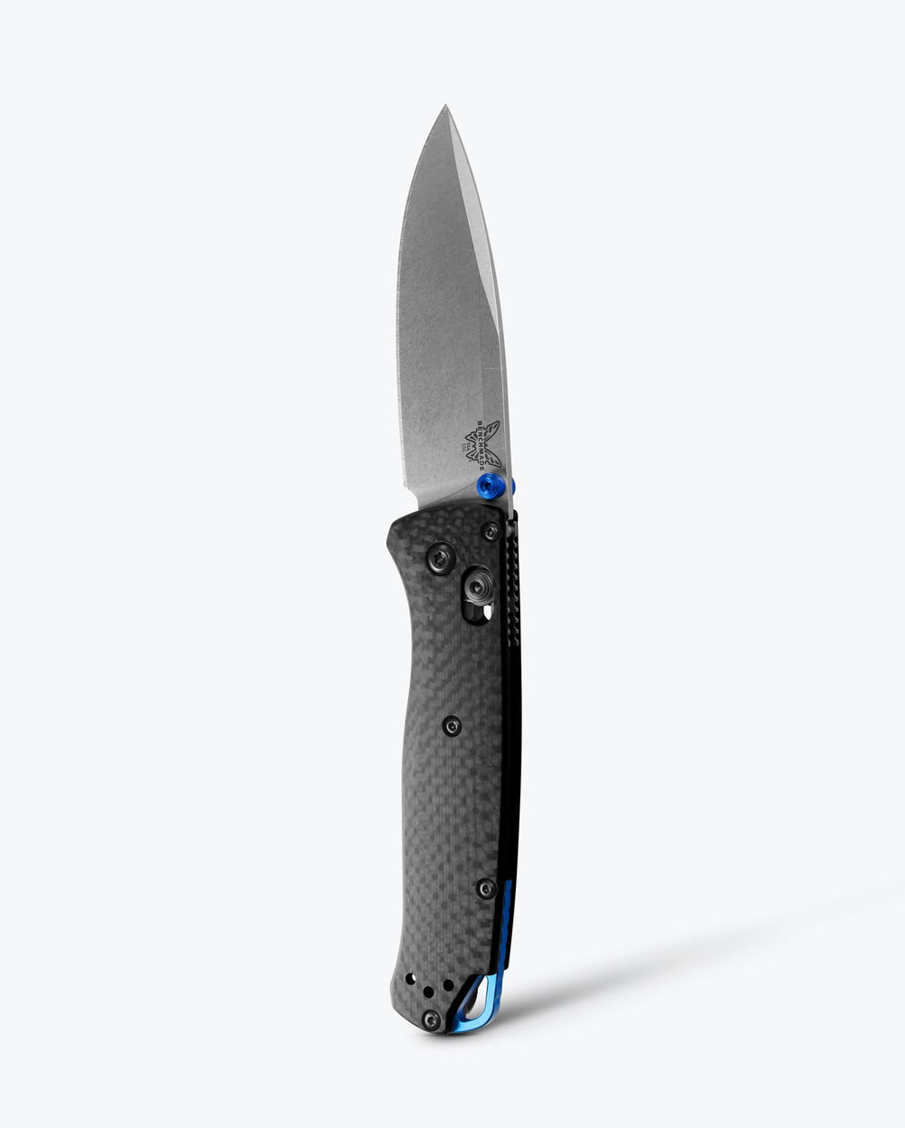 Benchmade Bugout 535-3 carbon fiber EDC knife, open, vertical view